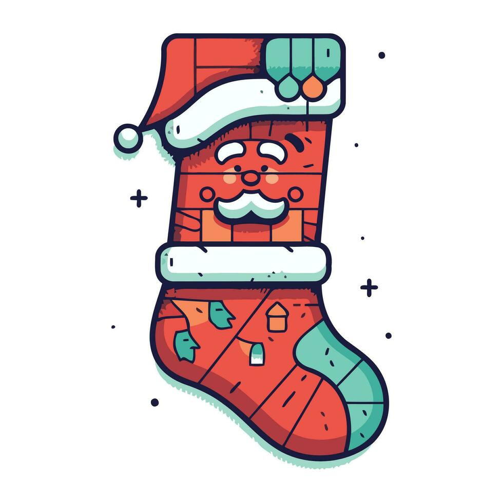 Christmas sock with Santa Claus. Vector illustration in flat cartoon style.