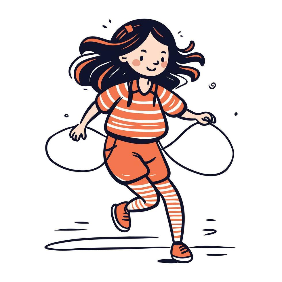 Cute little girl running with skipping rope. Cartoon vector illustration.