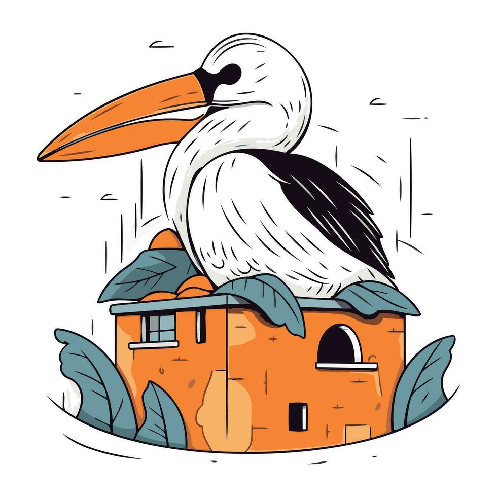 Vector illustration of a pelican sitting on the roof of a house.