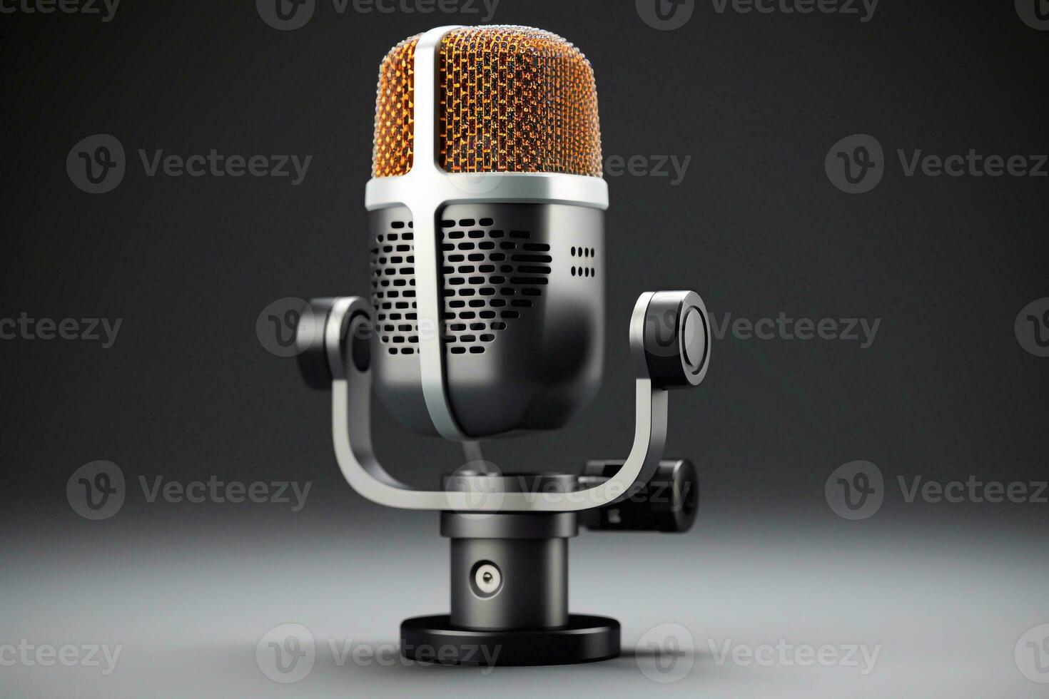 3d rendering of a microphone on a gray background. Studio shot. broadcast, radio, speak, sing, voice and speech concept Generative AI photo