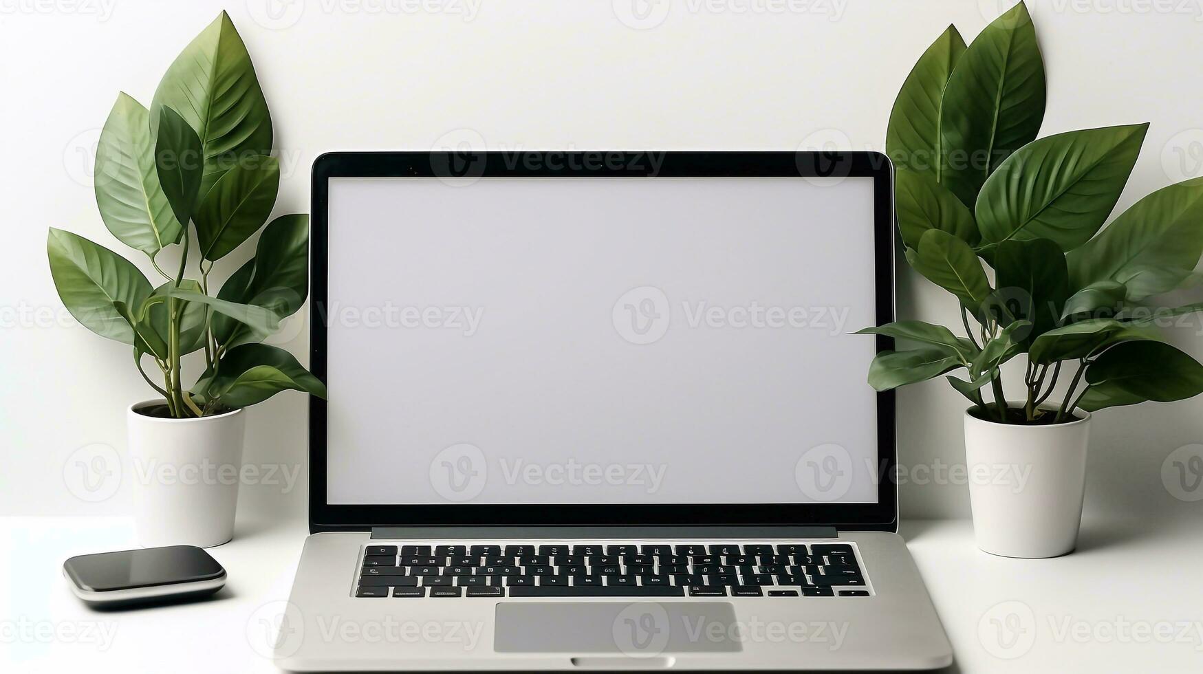A image of Laptop with blank screen on white table with coffee cup and plant. mockup and copy space Generative AI photo