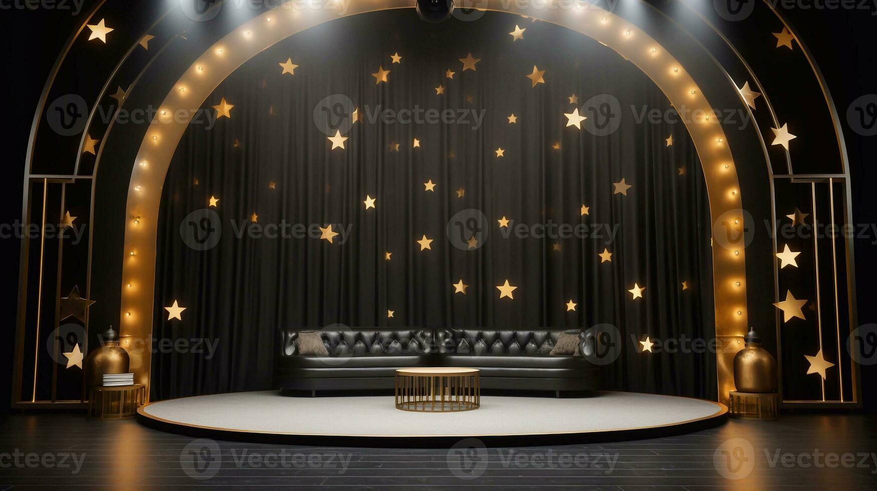 Podium and golden stars on the stage 3D rendering party function celebration day Generative AI photo