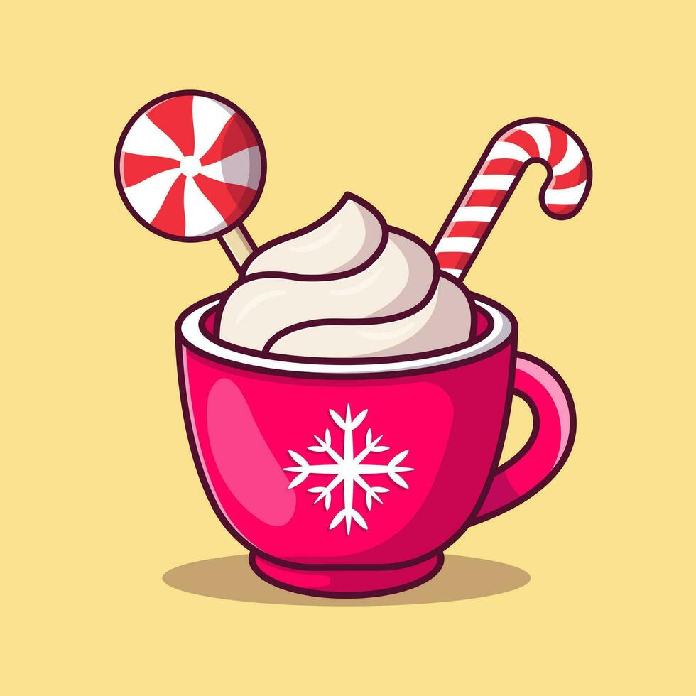 Winter holiday christmas cup with hot drink cartoon vector icon illustration, drink icon concept isolated flat.