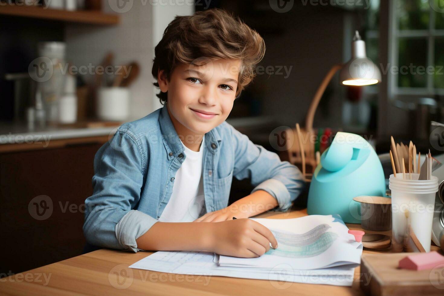 smiling preteen boy doing homework at table in kitchen at home Generative AI photo