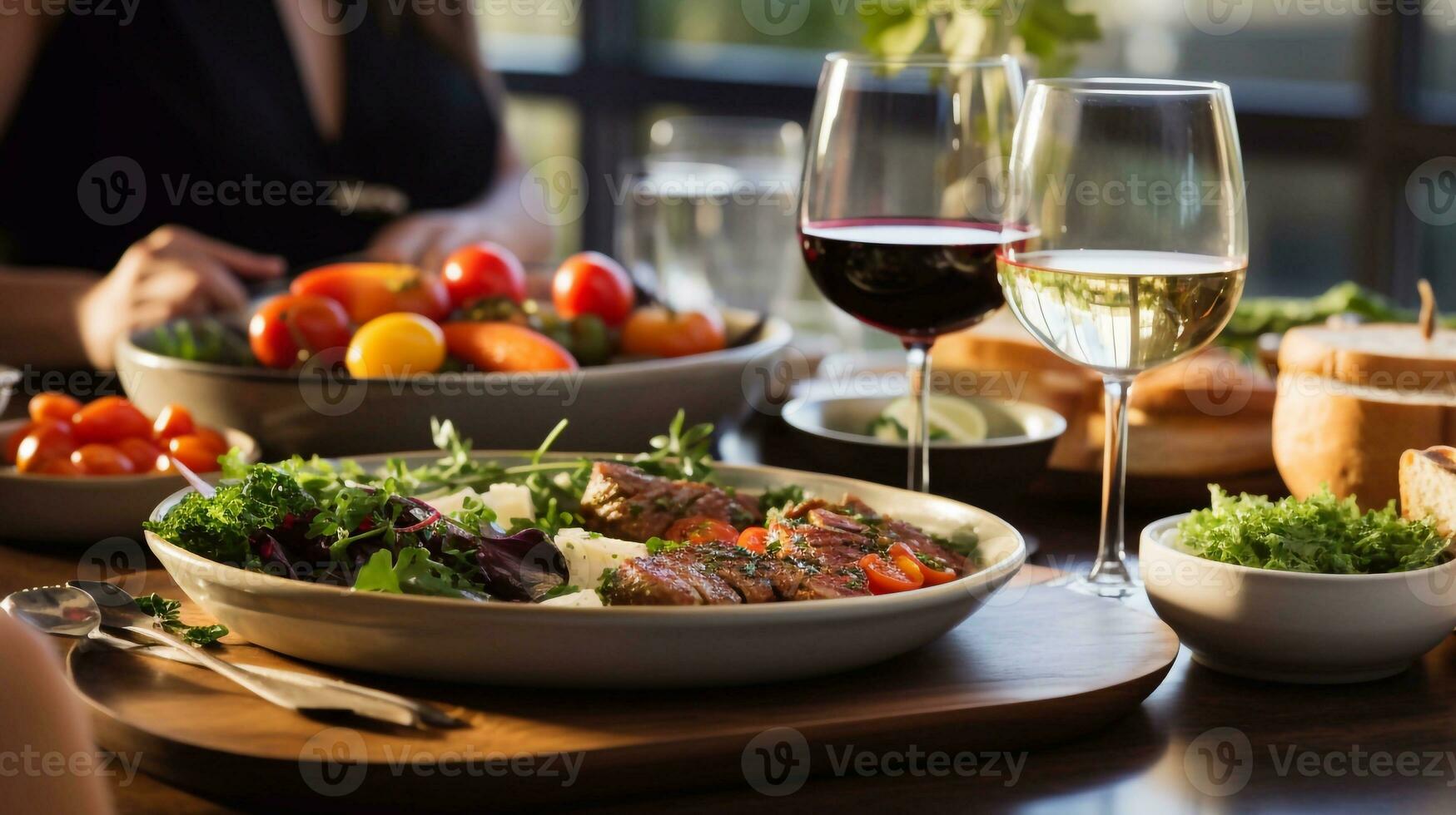 Close up of beef steak with vegetables and wine on table in restaurant Generative AI photo