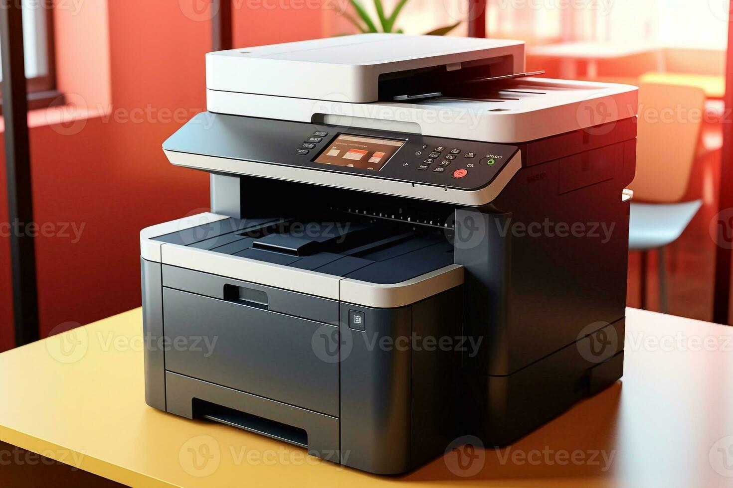 A picture of Modern multifunction printer on the table. 3d rendering. Computer digital drawing printer Generative AI photo