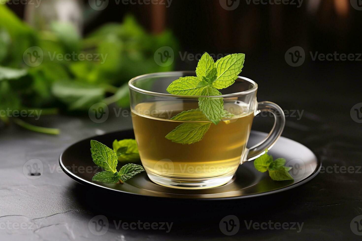 A image of Cup of green tea with mint leaves on dark background, closeup Generative AI photo
