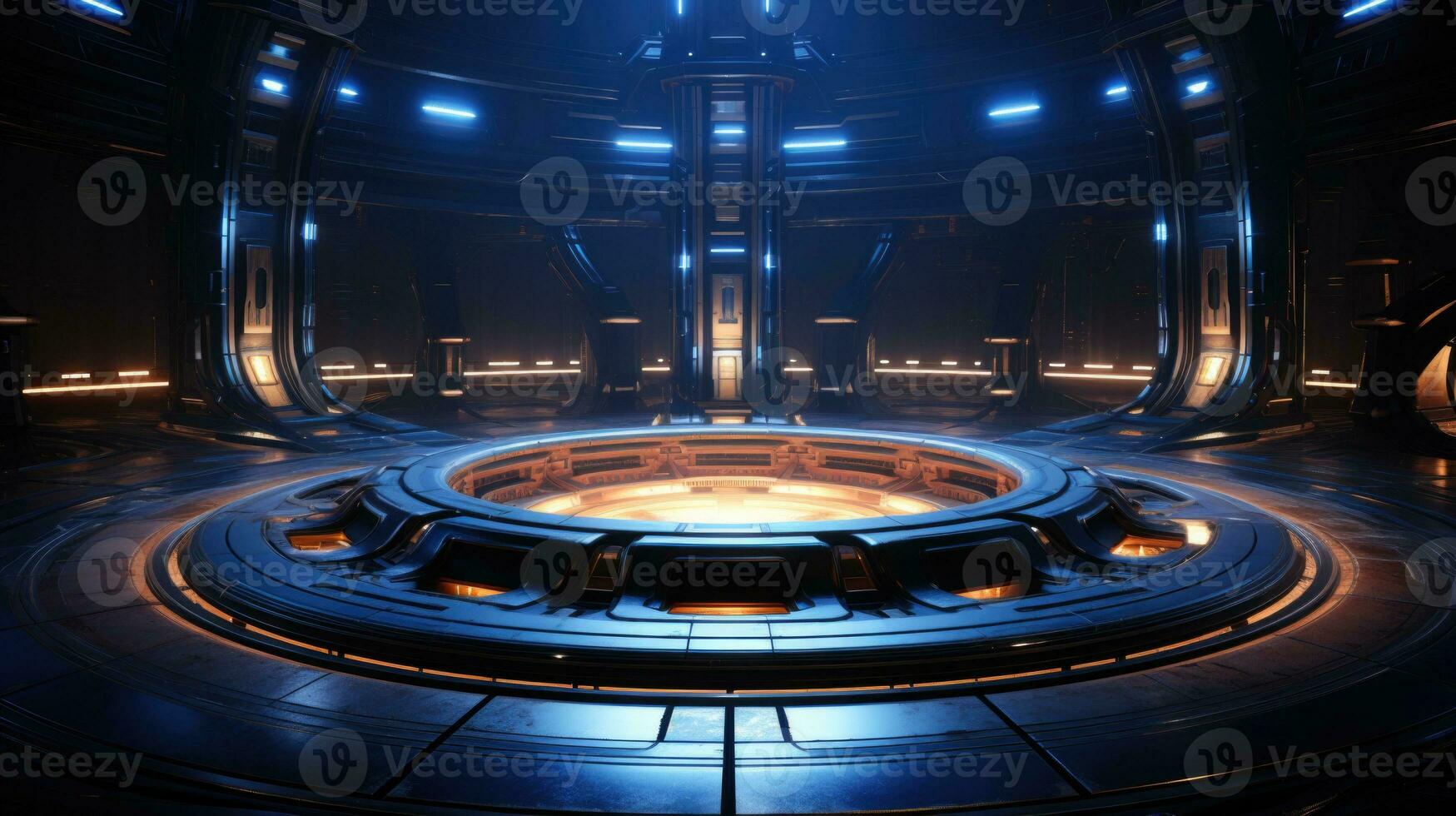 Shot of 3D rendering of futuristic sci fi room scifi background with glowing lights Generative AI photo