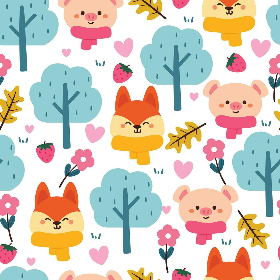 seamless pattern cartoon fox and pig with plant and flowers. cute illustration design. animal pattern for gift wrap paper vector