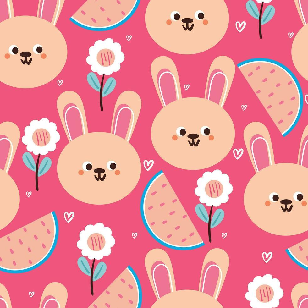 seamless pattern cartoon bunny with watermelon and flower. cute animal pattern in pink background for summer wallpaper, gift wrap paper vector