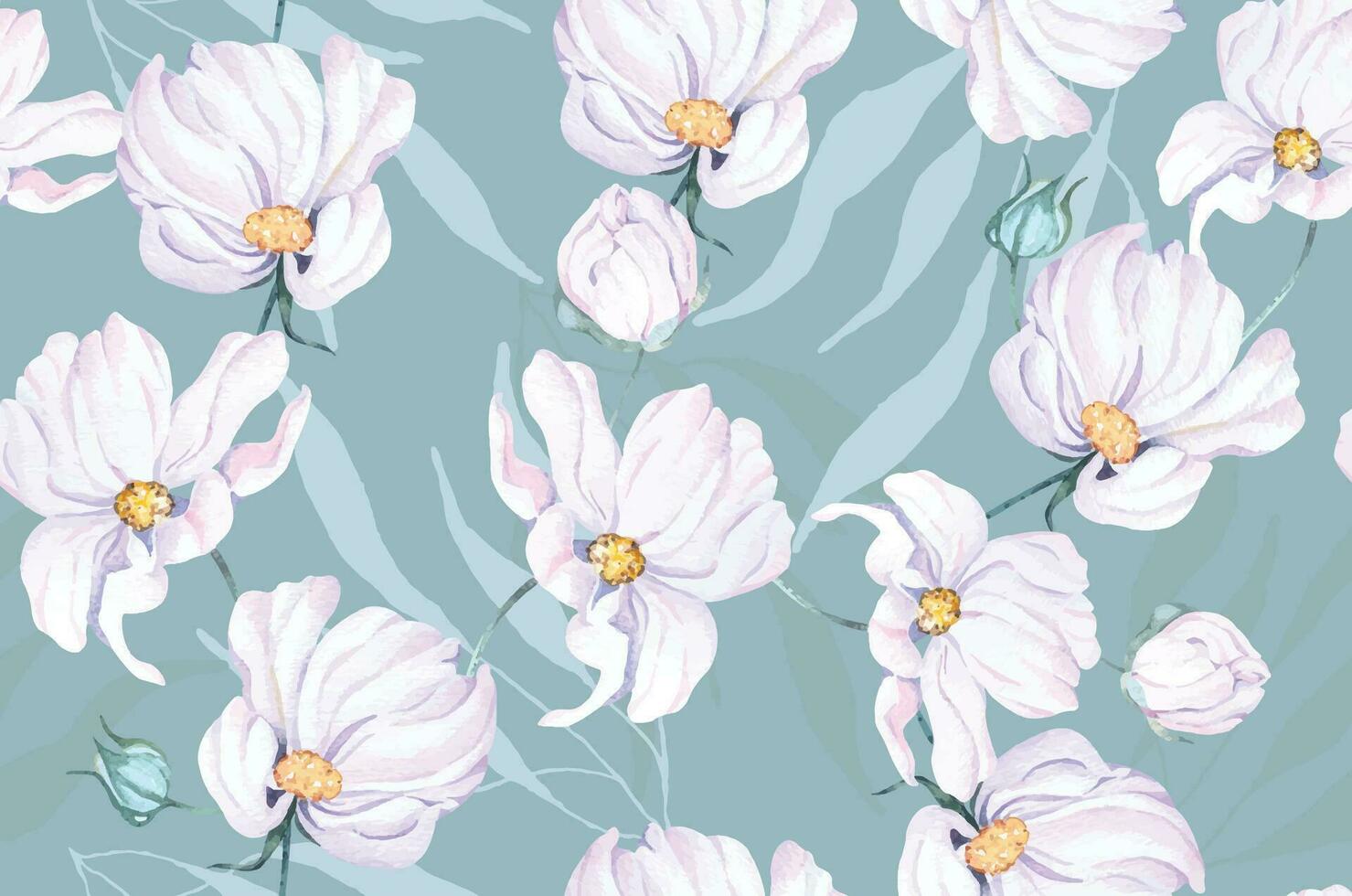 Seamless pattern of cosmos flowers.White flora background is suitable for fabric design, wallpaper.Pattern botanical background. vector