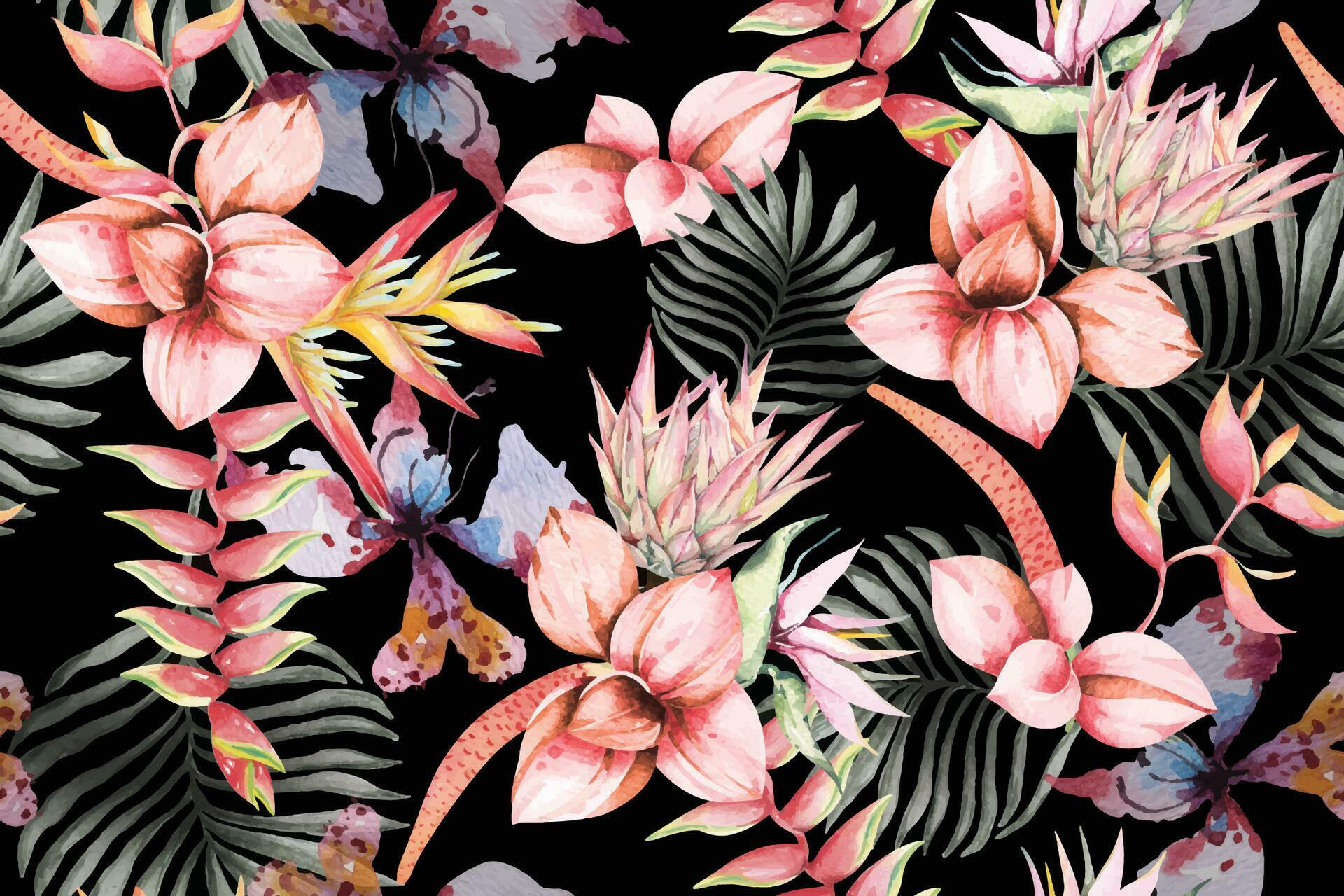Seamless pattern of palm leaves,orchid, tropical plant painted in ...