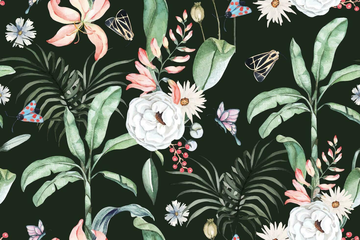 Seamless pattern of tropical plant, butterfly, palm leaves and flowers painted in watercolor.For fabric luxurious and wallpaper, vintage style.Botanical floral pattern.Tropical background vector