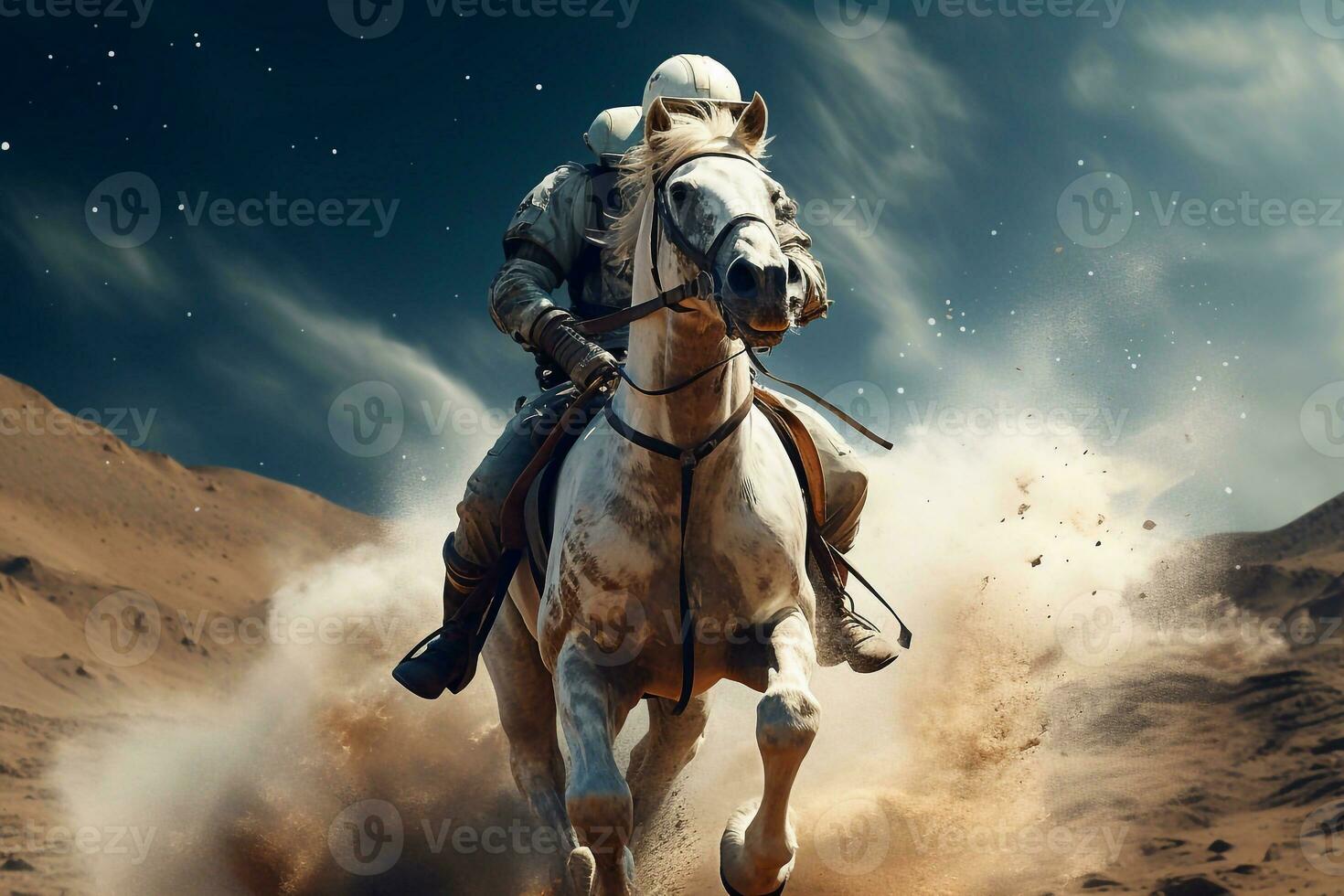 Astronaut riding a horse in the desert. 3d rendering a man riding horse in desert with stars in the background Generative AI photo