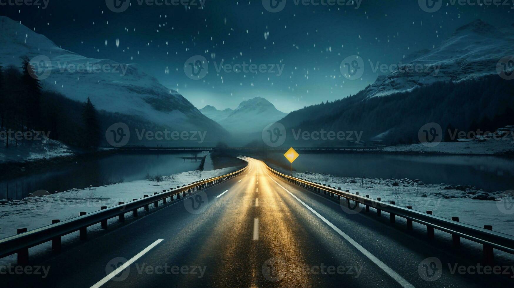 Asphalt road through the snowy mountains at night. 3d rendering Generative AI photo