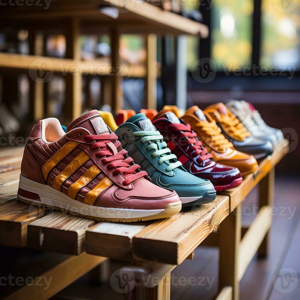 A image of Colorful sneakers on a shelf in a shoe store. Selective focus. Ready shoes Generative AI photo