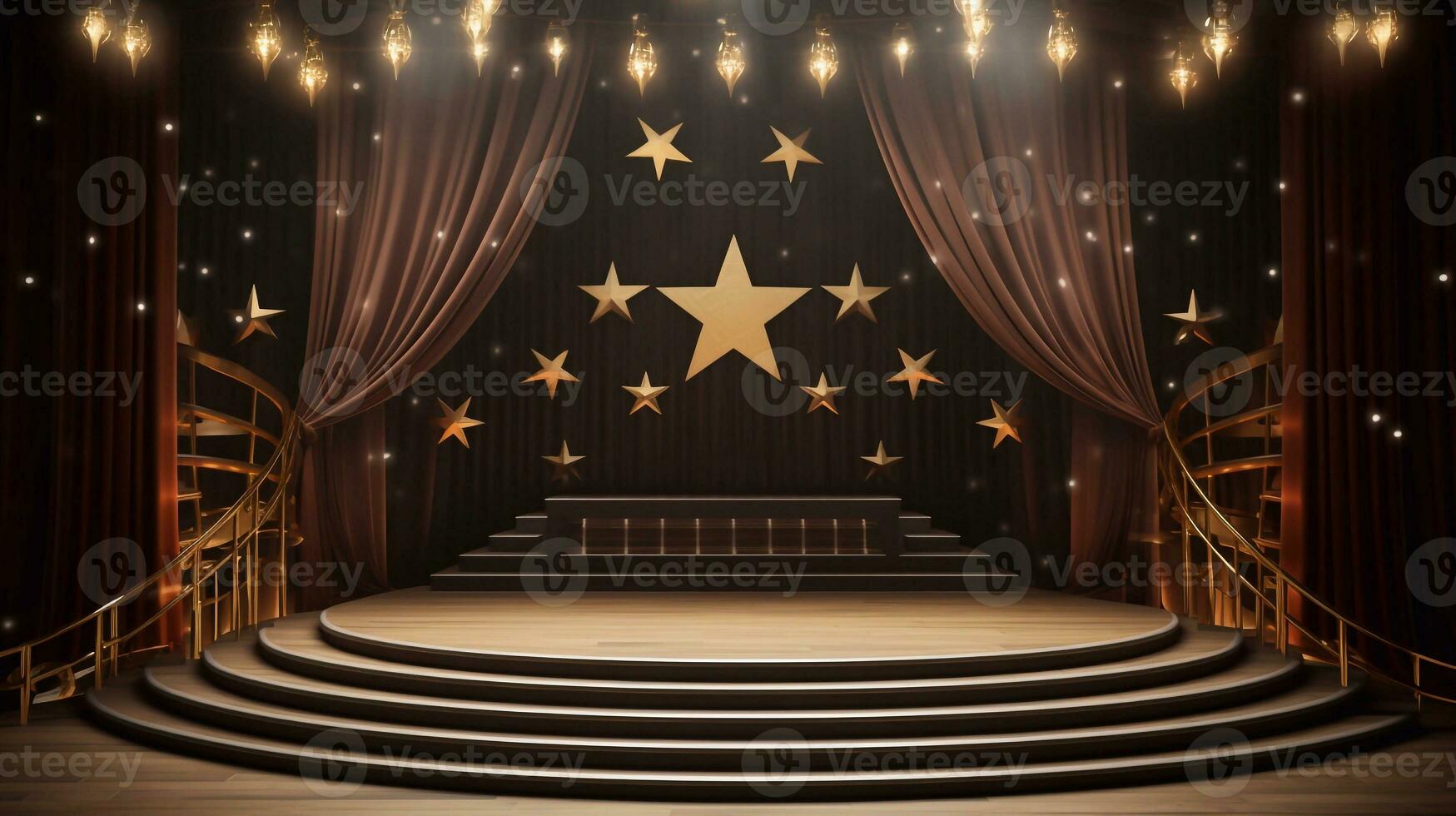 a image of Podium and golden stars on the stage. 3D rendering party function celebration day Generative AI photo