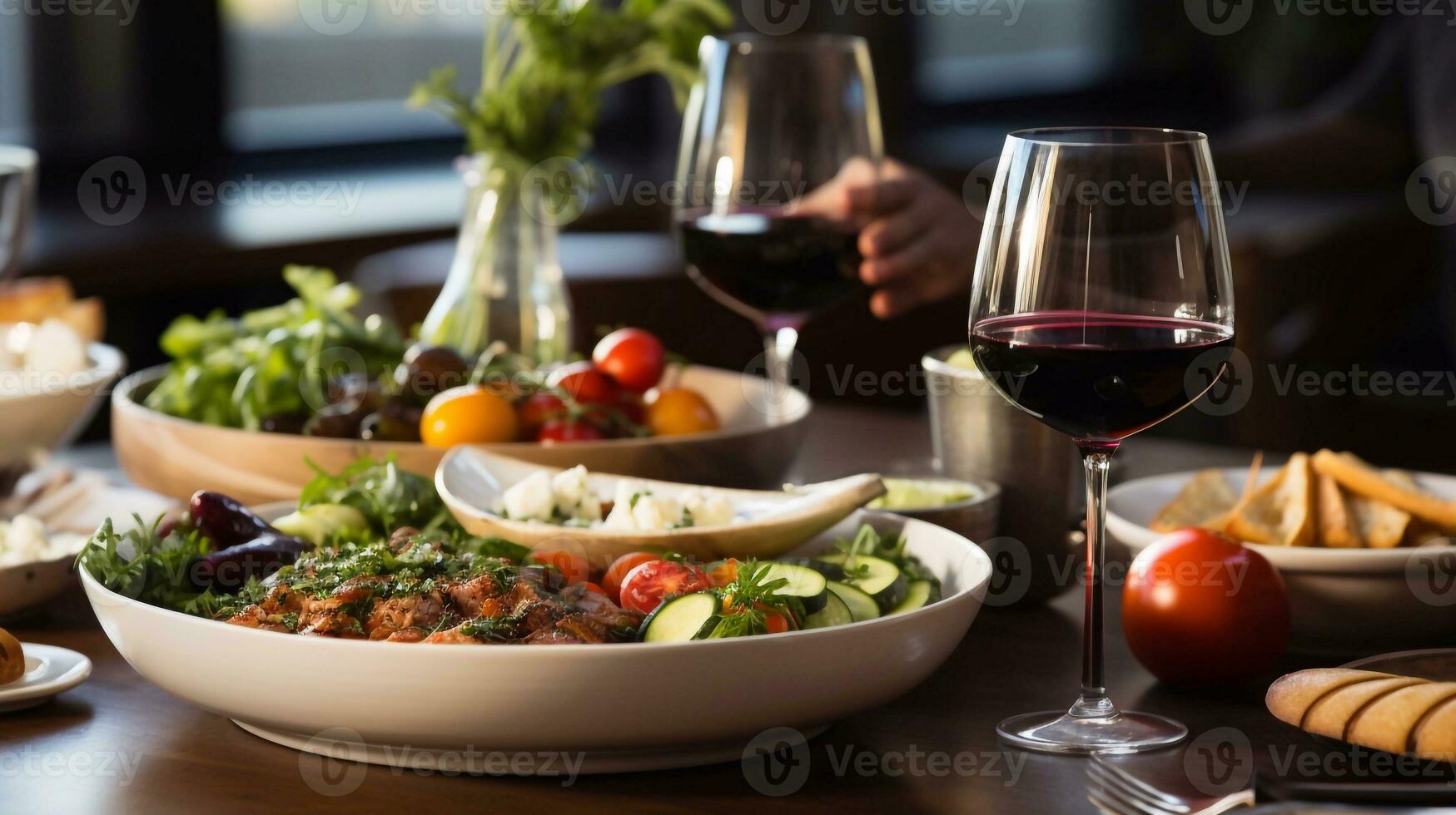 image of Close up of beef steak with vegetables and wine on table in restaurant Generative AI photo