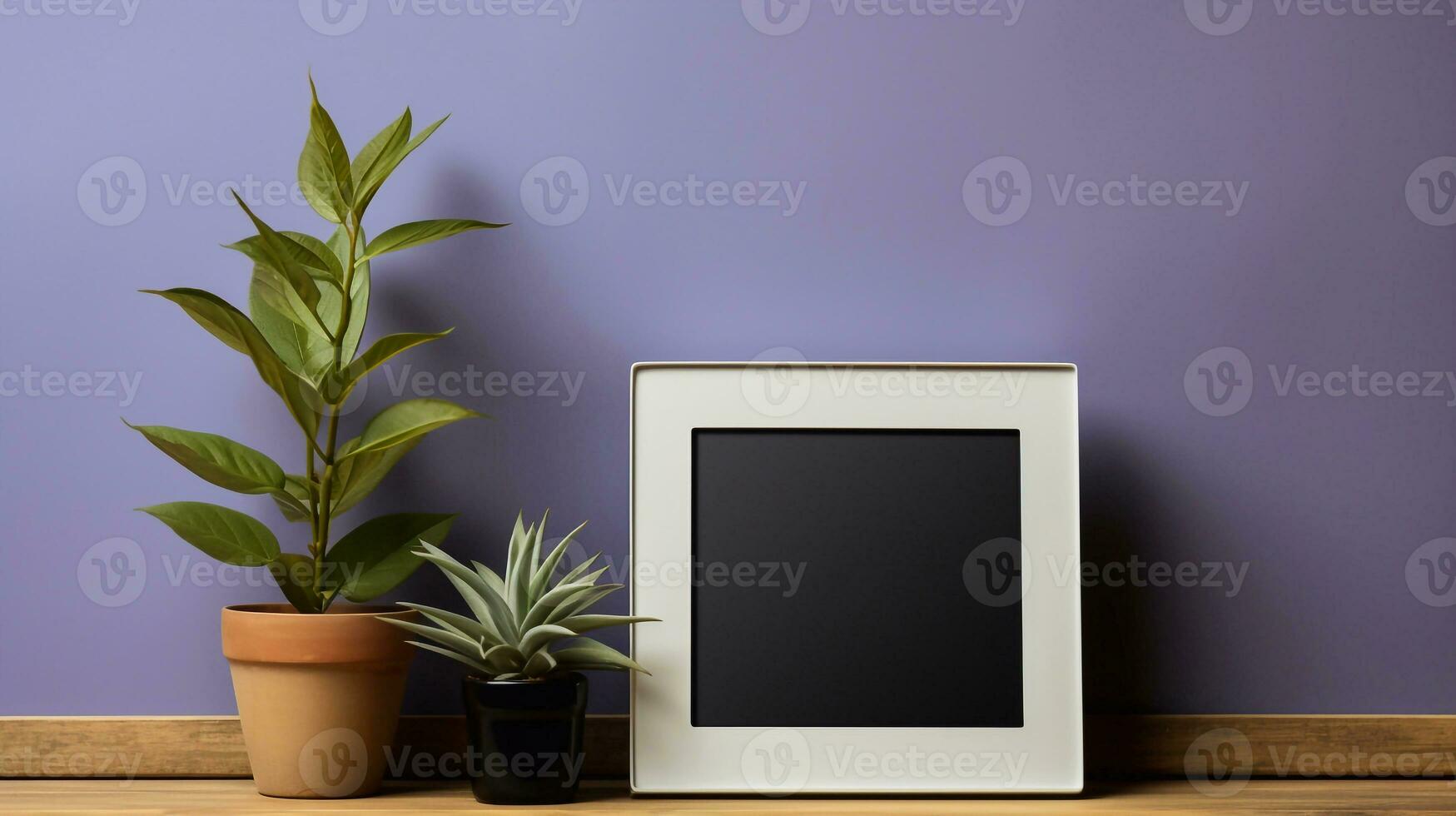 Mockup of a vertical frame with green plants in pots on a dark blue background Generative AI photo