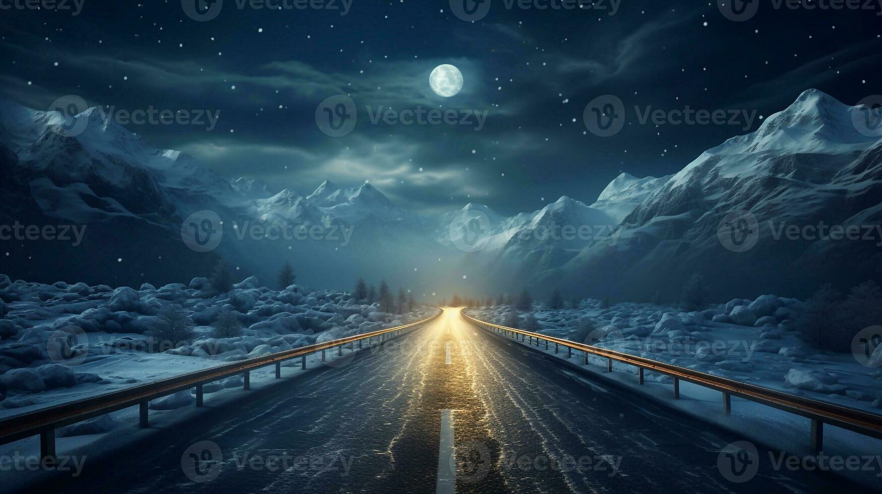 a image of Asphalt road through the snowy mountains at night. 3d rendering Generative AI photo