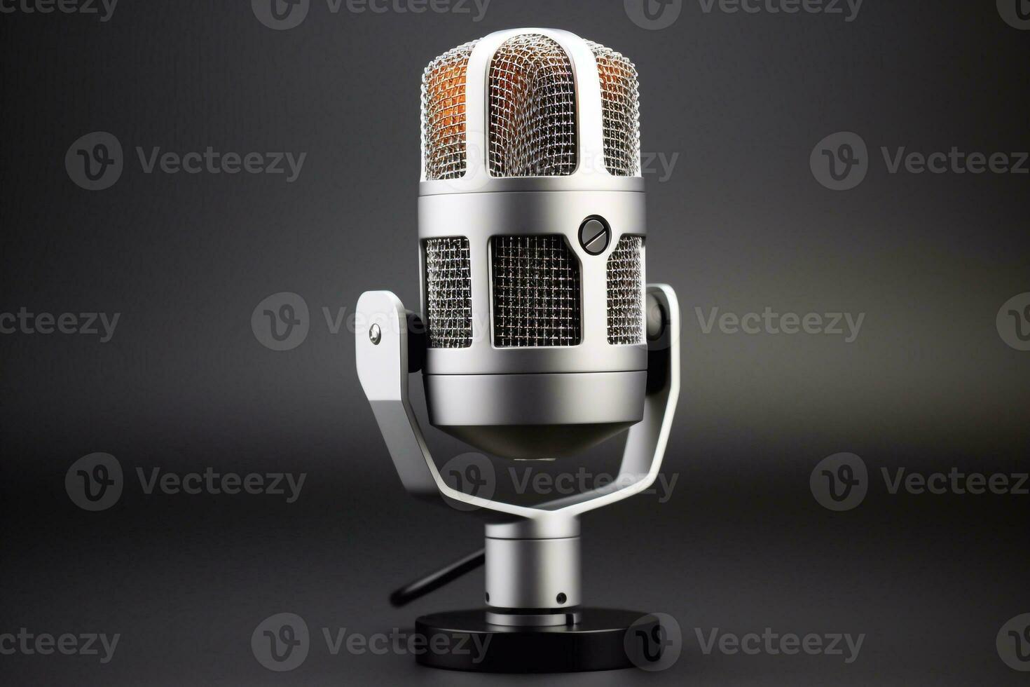A picture of 3d rendering of a microphone on a gray background. Studio shot. broadcast, radio, speak, sing, voice, mic and speech concept Generative AI photo