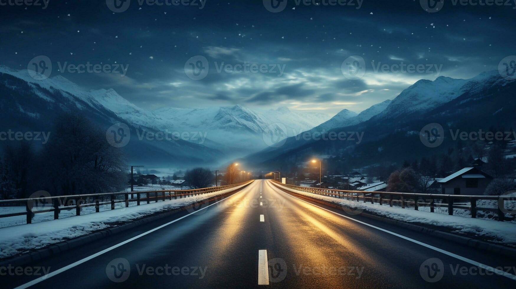 a picture of Asphalt road through the snowy mountains at night. 3d rendering Generative AI photo