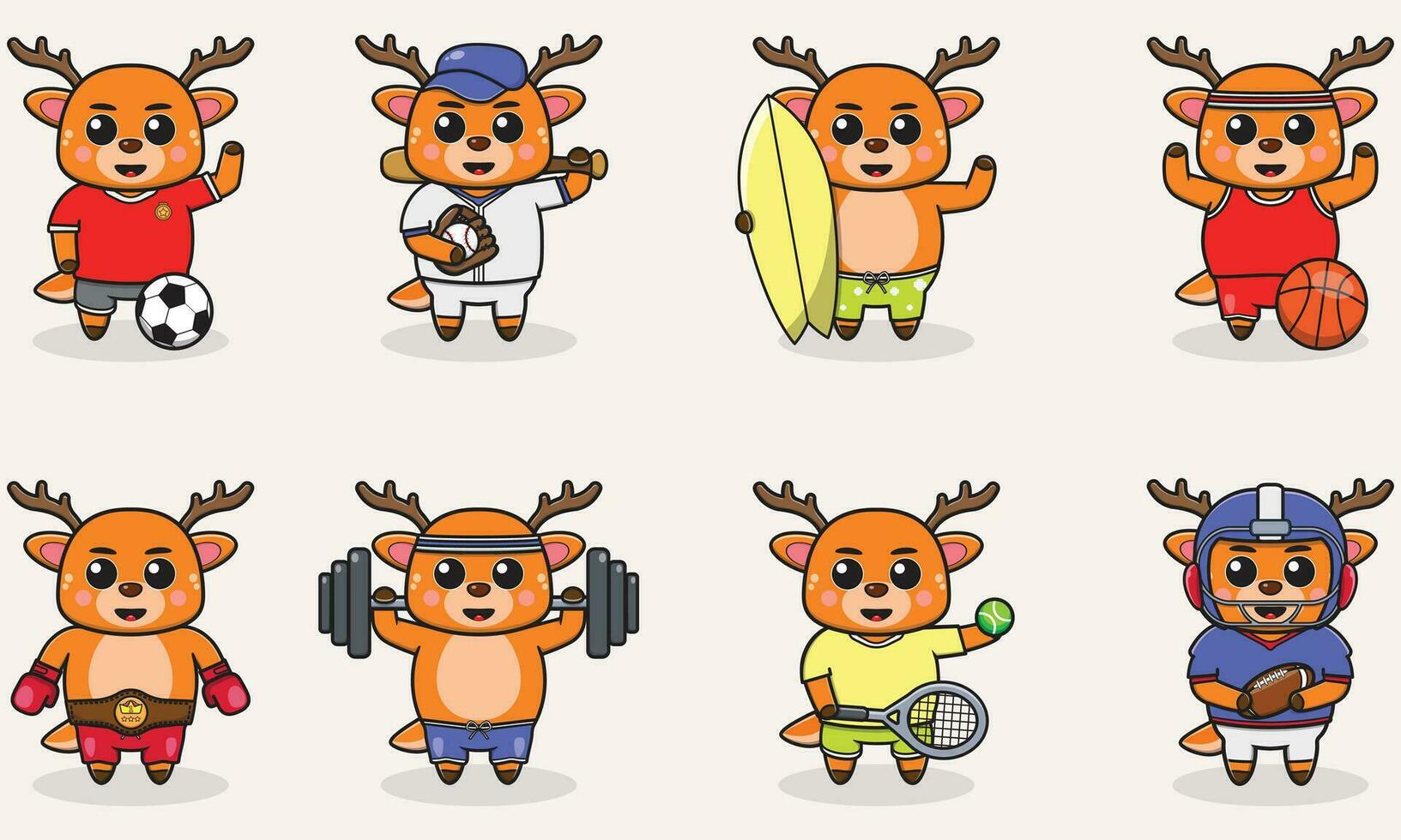 Set of Deer wearing uniform and using sports equipment. Funny animals doing exercis. Cute cartoon character vector set isolated on a white background. Cartoon animal sport. Deer cartoon.