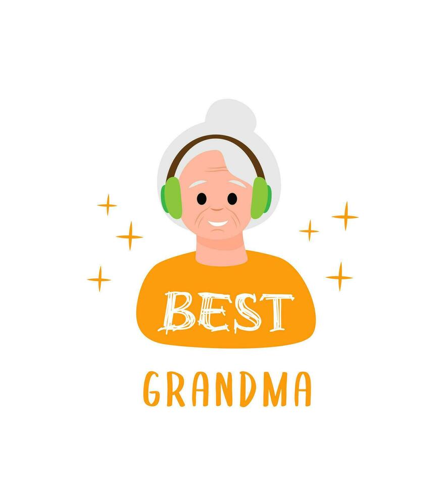 Best grandma greeting card. Old mature woman character with headphones, grandparents day celebration vector concept. Flat colorful illustration isolated on white background.