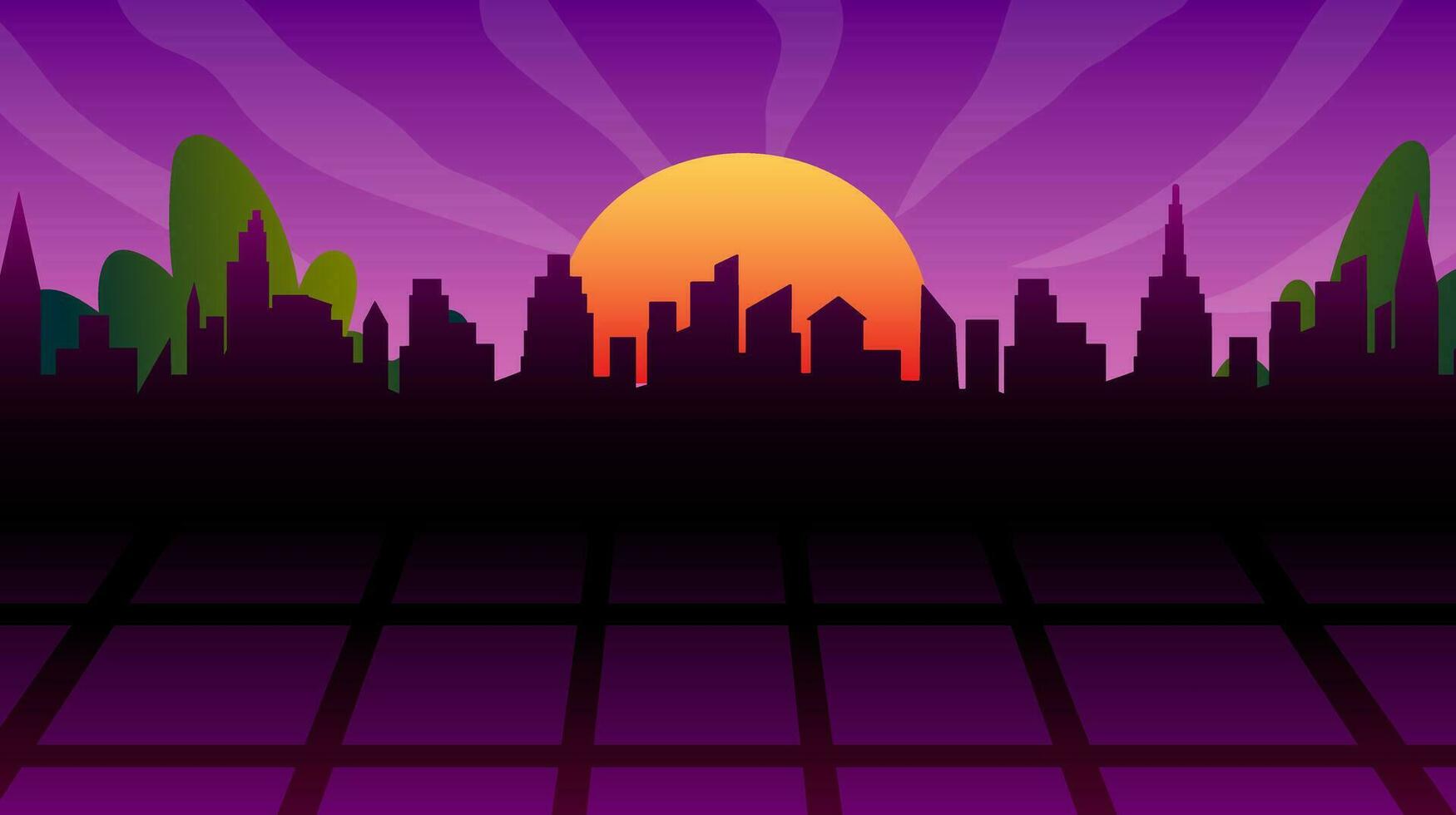 futurista noche ciudad. paisaje urbano en un púrpura antecedentes con puesta de sol. amplio ciudad frente perspectiva vista. cyberpunk y retro ola estilo ilustración. vector