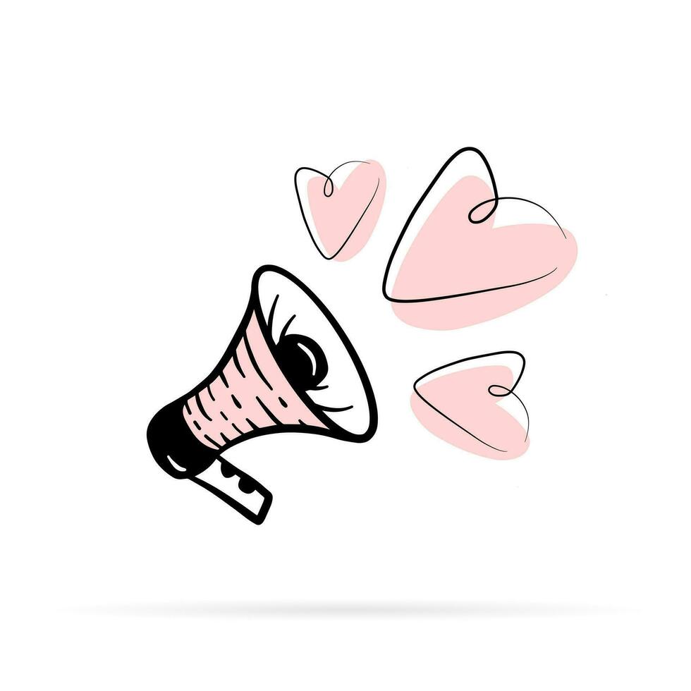Megaphone with hearts romantic illustration. Doodle linear style, spreading love concept. Simple loudspeaker icon and heart shape label isolated on white background. vector