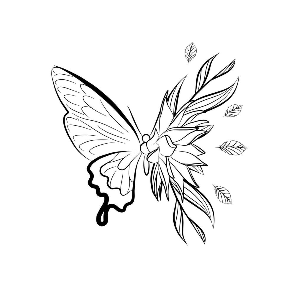 lineal mariposa ala con salvaje tropical flores hermosa mano dibujado vector ilustración. camiseta impresión modelo. colorante anti estrés página.