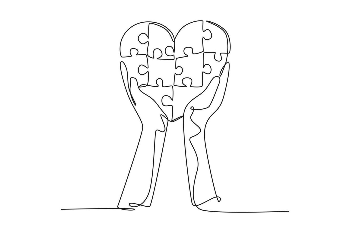 Single one line drawing young happy man raised puzzle pieces up to the air together to form cute heart shape. Romantic game of love concept. Modern continuous line design graphic vector illustration
