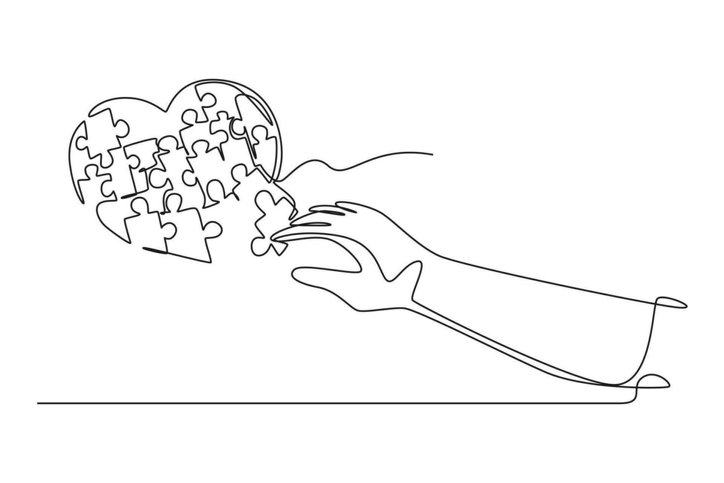 Single one line drawing young happy woman put the puzzle pieces together to cute heart shape form. Romantic relationship game of love concept. Continuous line draw design graphic vector illustration