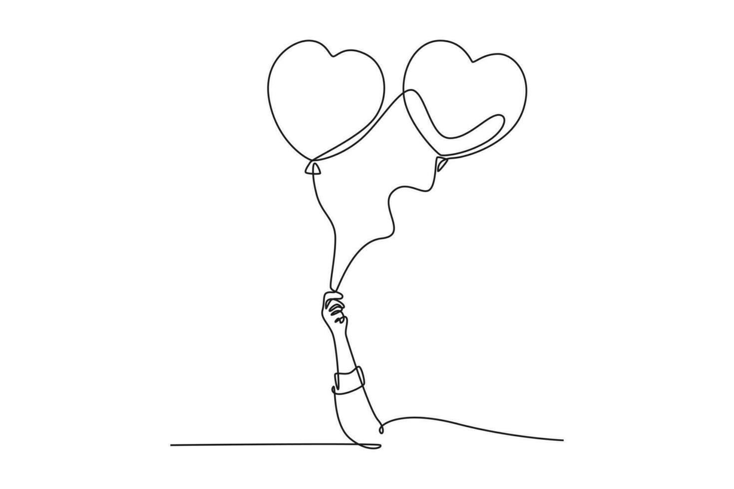 Continuous one line drawing young happy beautiful girl holding a couple cute heart shaped balloon tightly. Romantic wedding invitation card concept. Single line draw design vector graphic illustration