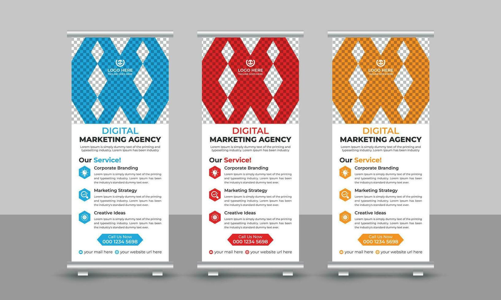 Creative modern digital marketing agency business roll up banner design pull up signage standee x retractable banner design template vector