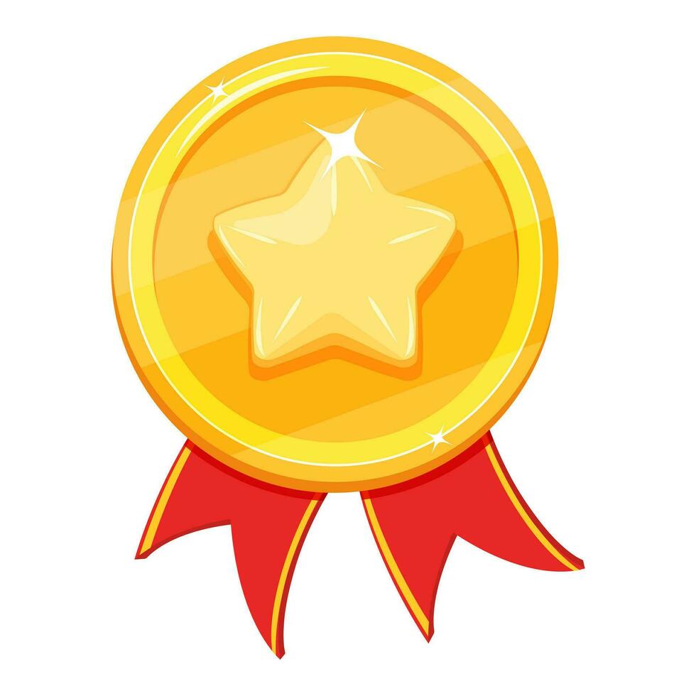 Gold star medallion with ribbon. First place award. Trustee prize in cartoon style vector