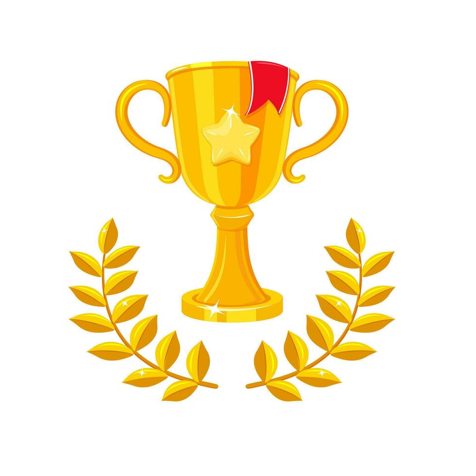 Golden winner's cup with laurel wreath. First place award. Symbol of award ceremony. vector