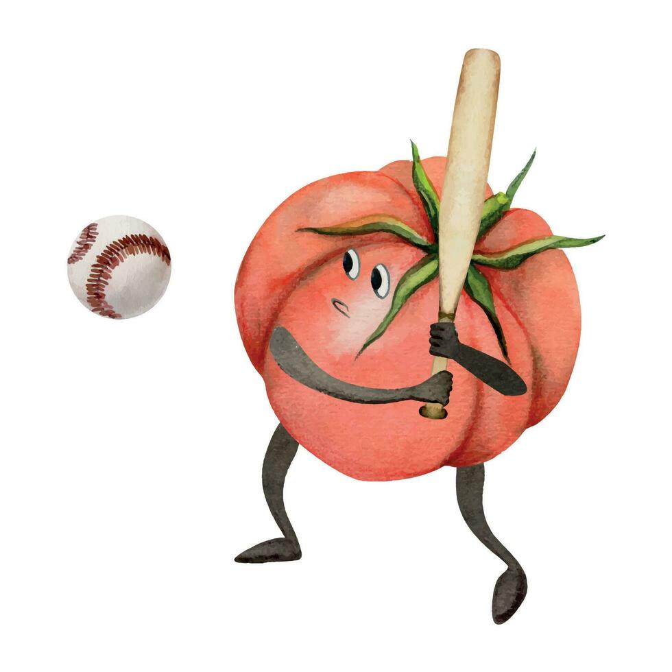 mano dibujado acuarela linda tomate personaje jugando béisbol juego con murciélago y pelota. aptitud salud. ilustración aislado composición, blanco antecedentes. diseño para póster, imprimir, sitio web, tarjeta, gimnasio vector