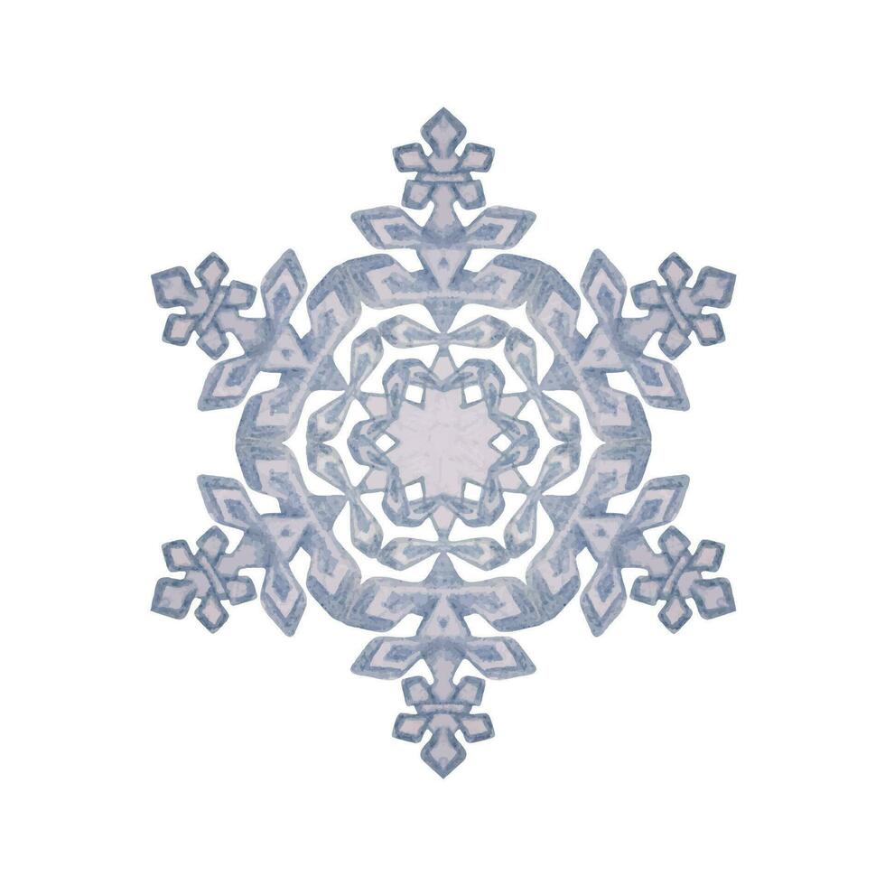 Hand drawn watercolor blue and silver snowflakes, water ice crystal frozen in winter. Illustration, single object isolated on white background. Design for holiday poster, print, website, card, booklet vector