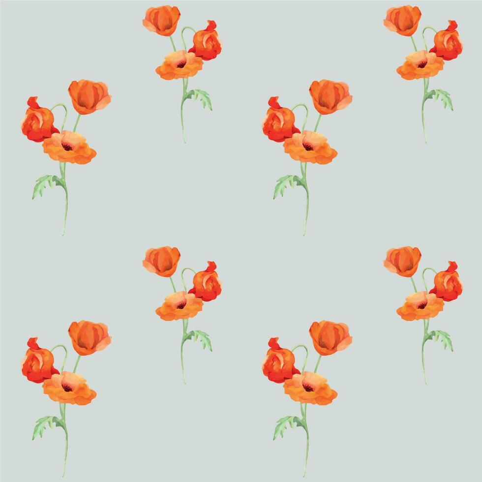 Watercolor seamless pattern with hand drawn summer bright red poppy flowers. Isolated on color background. Design for invitations, wedding, love or greeting cards, paper, print, textile vector