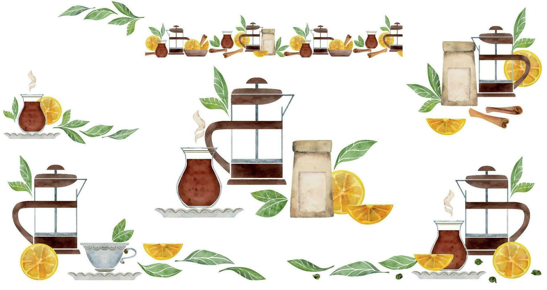 Watercolor hand drawn illustration. Teaware, tea lemon cinnamon dishes package. Set of compositions. Isolated on white background. For invitations, cafe, restaurant food menu, print, website, cards vector