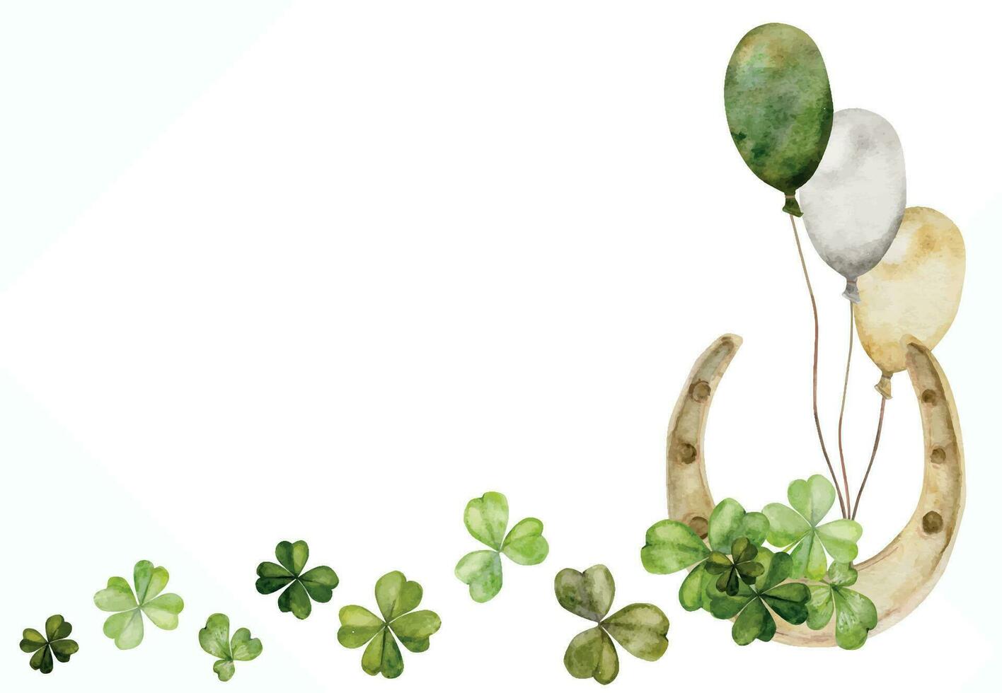 Watercolor hand drawn illustration, Saint Patrick holiday. Green lucky clover shamrock leaves, gold horseshoe. Ireland tradition. Isolated on white background. For invitations, print, website, cards. vector