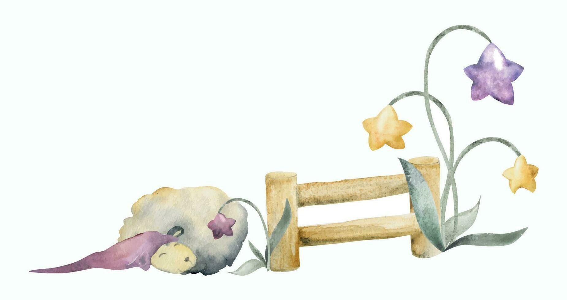acuarela mano dibujado ilustración, linda pequeño felpa bebé oveja saltando cerca, estrella flores texturizado efecto. composición aislado en blanco antecedentes. para niños niños dormitorio, tela, ropa de cama impresión vector
