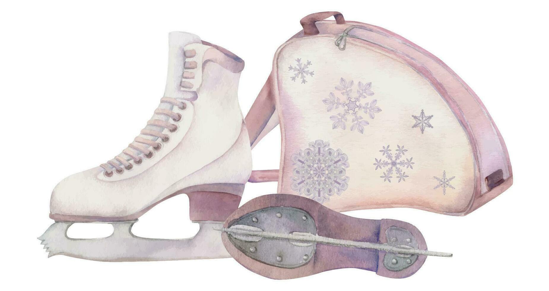 Hand drawn watercolor figure skating boots pair and bag, winter sports equipment. Illustration composition isolated on white background. Design poster, print, website, card, invitation, shop brochure vector