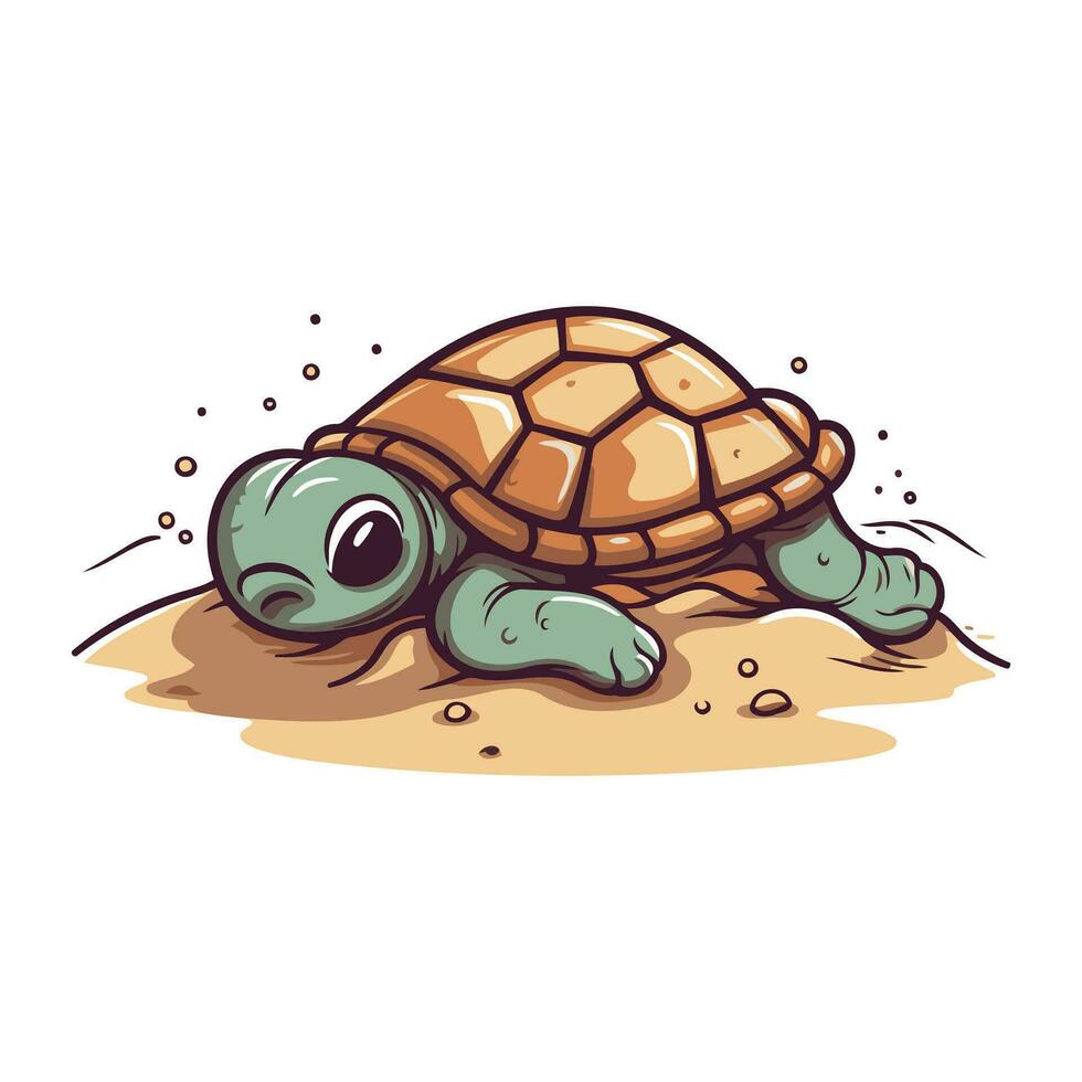 Cartoon turtle on the sand. Vector illustration of a cute turtle.