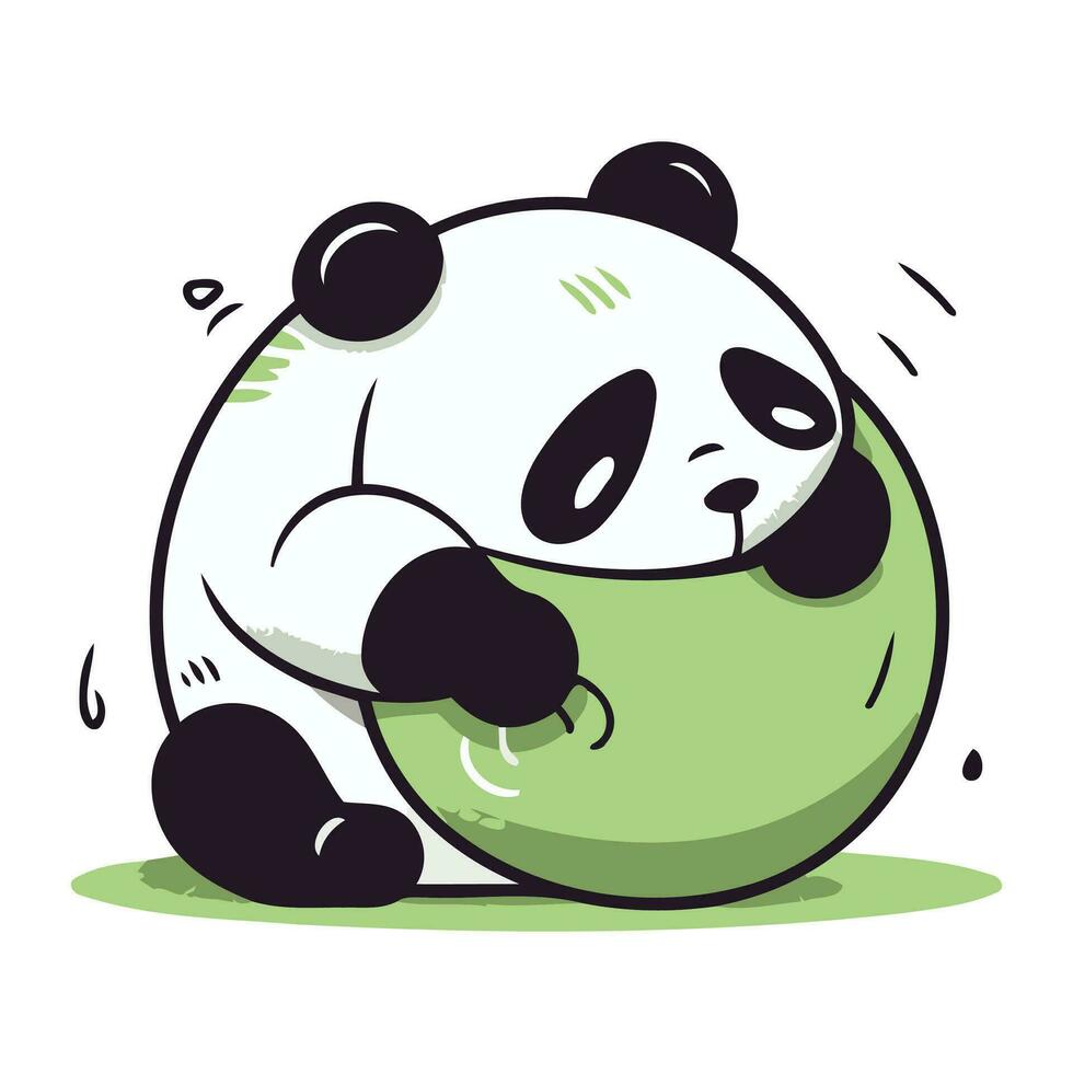 Cute panda eating a green apple. Vector illustration on white background.