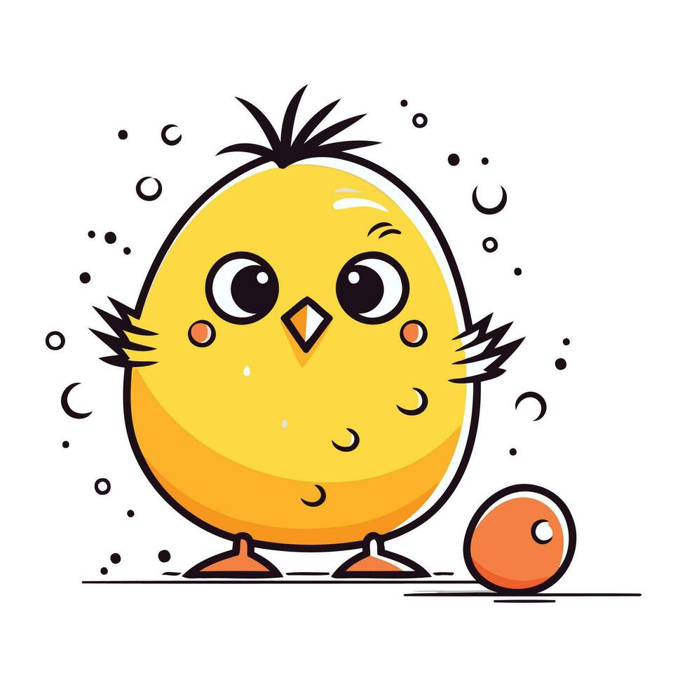 Cute little yellow chicken with egg on white background. Vector illustration.