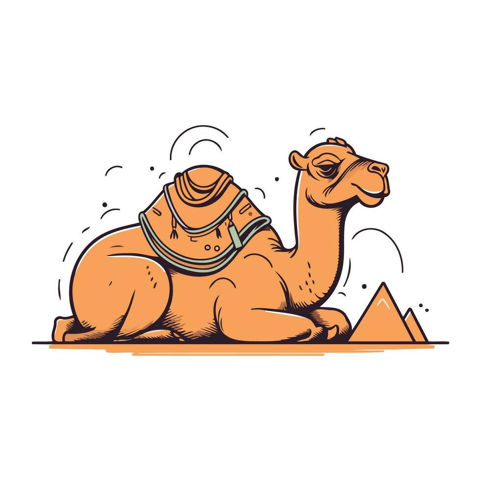Camel sitting on the ground. Vector illustration in cartoon style.