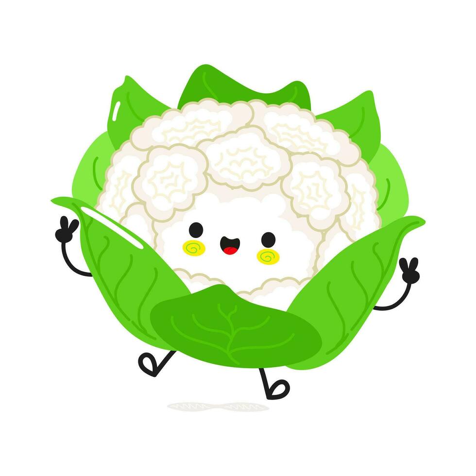 Cute funny Cauliflower jumping character. Vector hand drawn cartoon kawaii character illustration icon. Isolated on white background. Cauliflower character concept