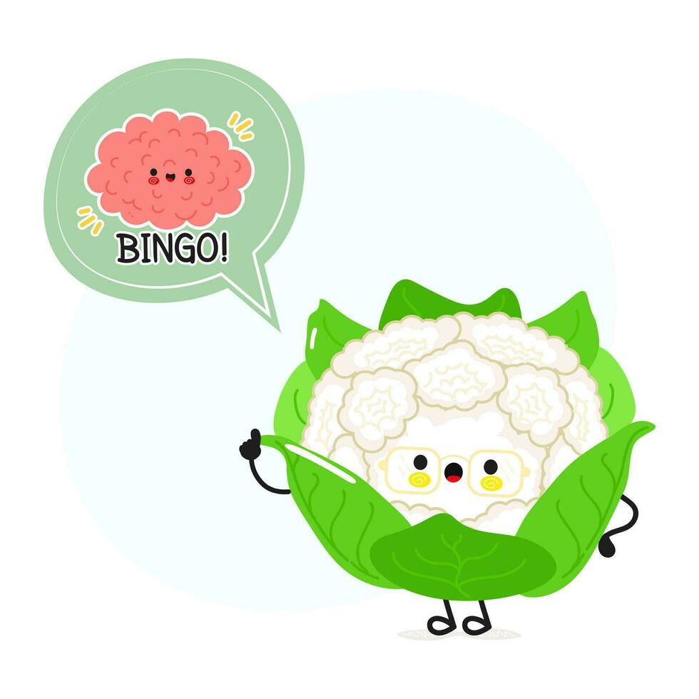 coliflor con habla burbuja y cerebro personaje. vector mano dibujado dibujos animados kawaii personaje ilustración. aislado blanco antecedentes. coliflor póster y cerebro